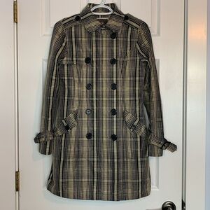 Jacob Beige Navy Plaid Trench Coat women’s extra small Buckles Buttons Classy